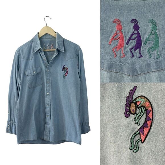 Vintage Kokopelli Southwestern Embroidered Pearl Snap Shirt Blue Womens - Picture 1 of 16
